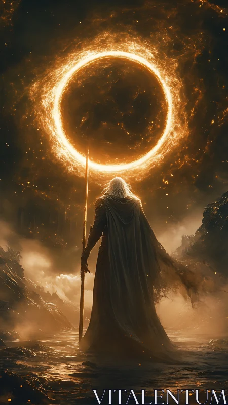 Lone mage beneath blazing celestial ring portal.