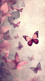 Soft pink butterflies drift gently through a dreamy garden sky