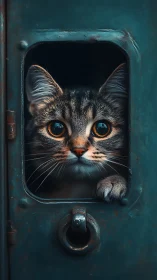 Tabby Feline Portrait in Teal Industrial Window Frame with Amber Irises