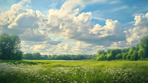 Sunlit summer meadow under billowing cumulus skies.