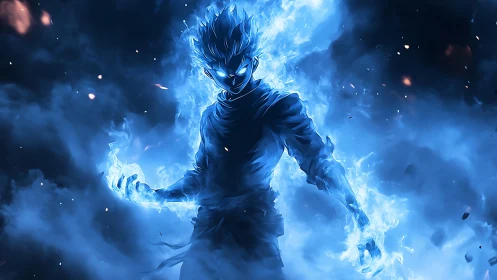 Blue fire warrior stands fearless in swirling stormlight