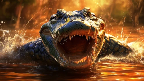 Aggressive crocodilian lunge in sunlit river, high-detail render
