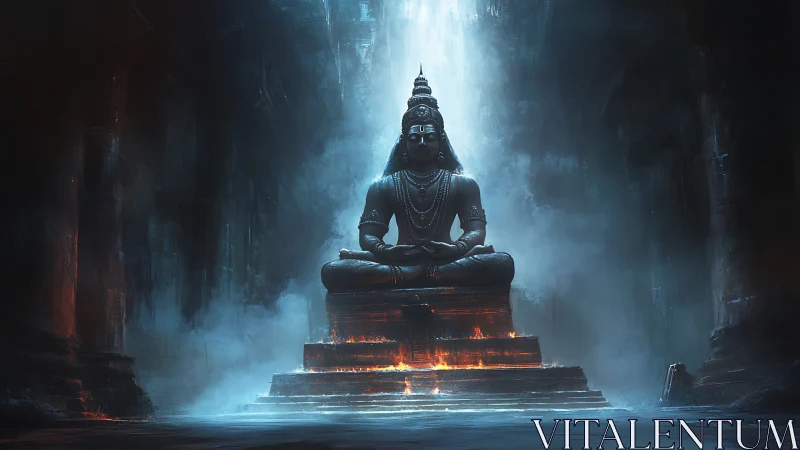 Colossal meditative deity statue in misted cavern with firelit altar