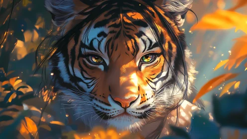 Digital painting portrait of a tiger in luminous foliage.