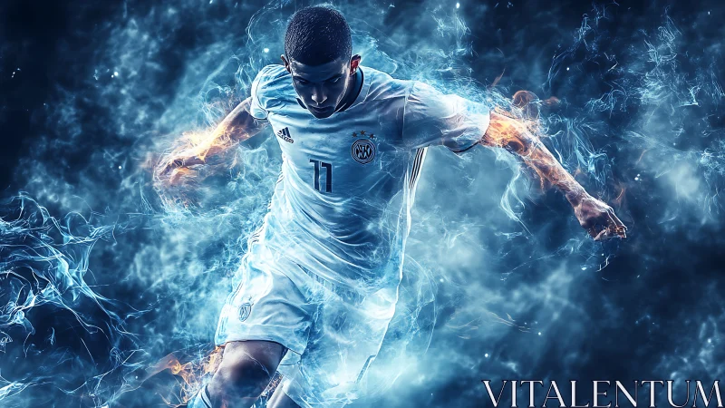 Dynamic soccer player rendered with energy flares and motion trails