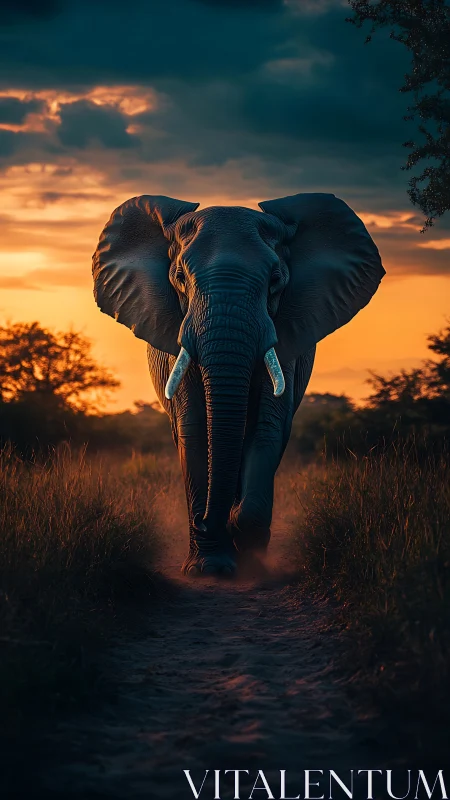 Elephant walks on a dirt path at sunset in frontal view