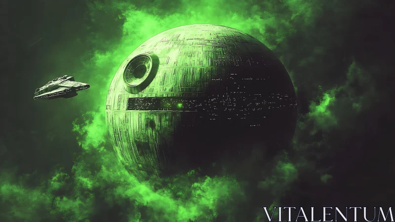 Spherical space station and starship occupy green nebula field