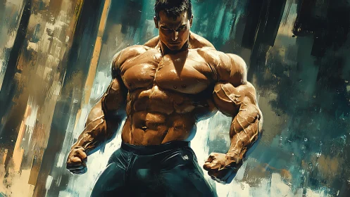 Muscular male bodybuilder in intense digital artwork pose.