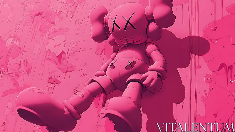 Monochrome pink vinyl figure against distressed dripping wall.