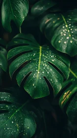 Monstera leaves with raindrops against dark background.