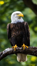 Majestic bald eagle rests on a branch in soft forest light