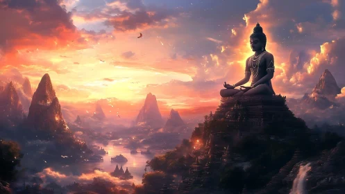 Colossal meditative statue over volumetric sunset valleyscape.