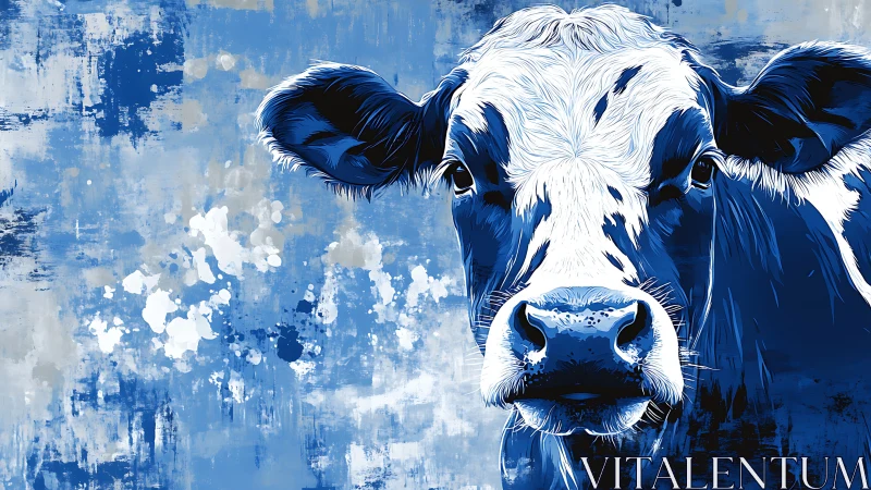 Blue-toned cow portrait stands against abstract painted backdrop