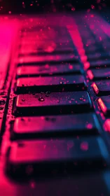 Wet laptop keyboard under neon magenta–cyan rim lighting.