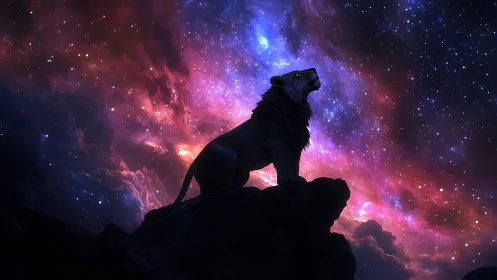 Starlit lion sentinel crowned by a roaring cosmic nebula.