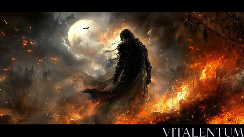 Hooded wraith stands before burning wasteland under blood moon