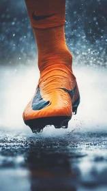 Dynamic close-up of orange soccer cleat striking wet turf.