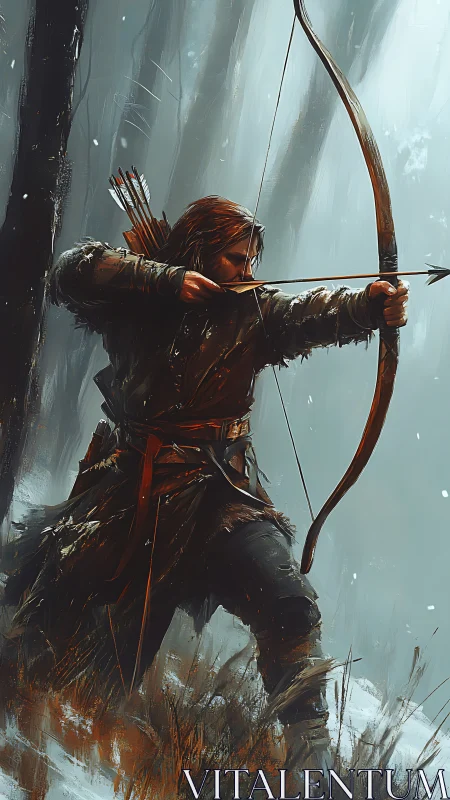 Winterbound ranger draws a silent arrow in the stormed wood.
