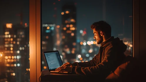 Nighttime coder works by warm city lights in focused silence