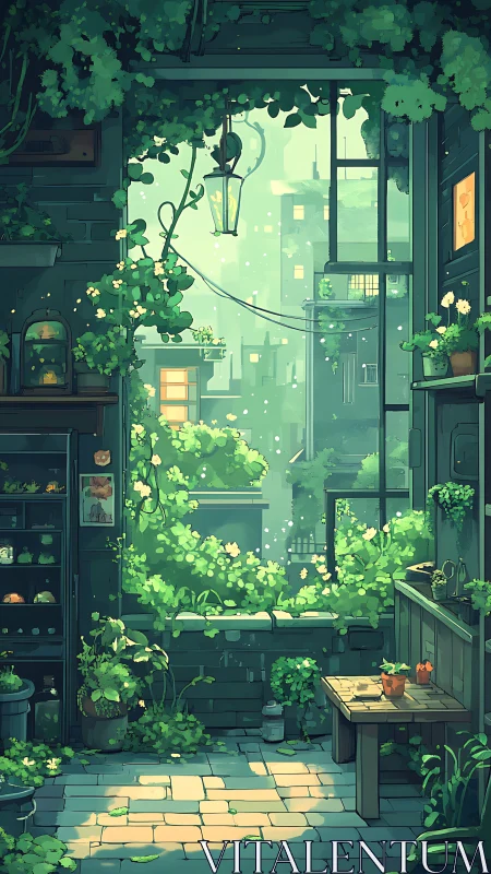 Urban balcony garden with dense greenery and city view.