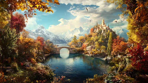 Golden autumn castle glows above a calm mountain river