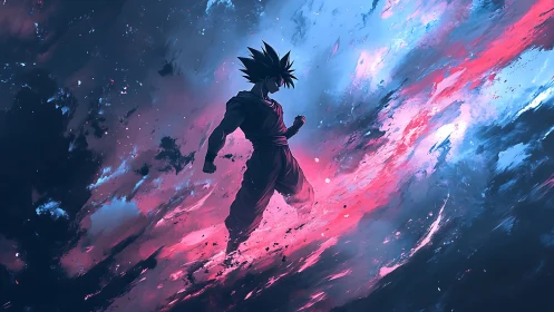 Silhouetted fighter amid blue and pink abstract energy field.