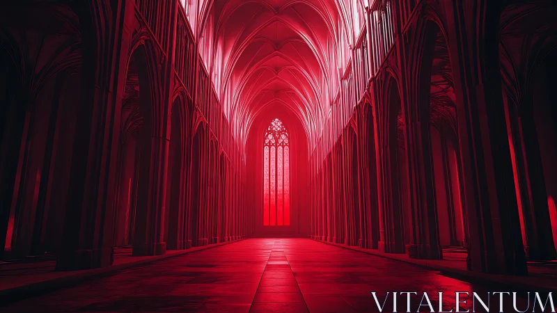Digital painting of red-lit neo-gothic cathedral nave interior.
