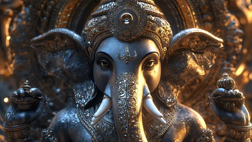 Radiant Ganesha idol glows in ornate golden temple light