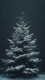Snow covered evergreen tree standing in dark winter night.
