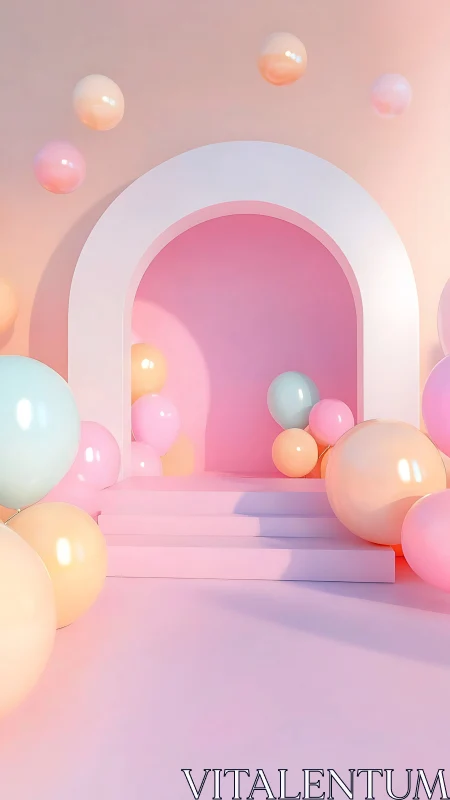 Pastel arched doorway with floating and stacked spheres.