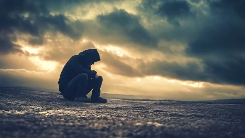 Quiet storm of solitude beneath a restless, glowing sky.