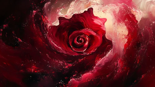 Red rose swirling in abstract red and white paint vortex.