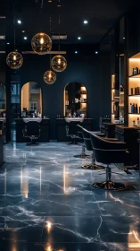 Modern salon interior with dark marble floor and pendant lights