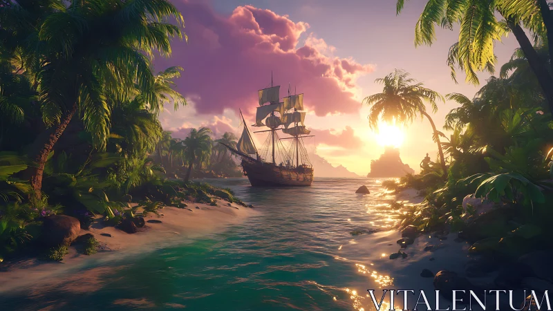 Galleon anchored at tropical sunset cove.