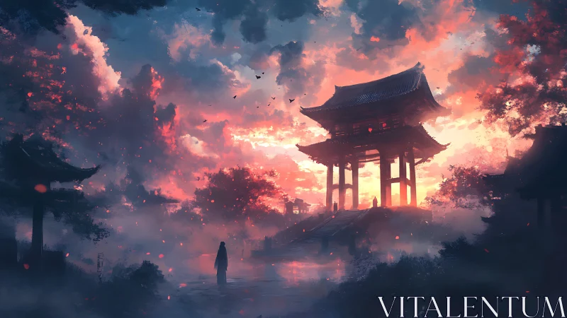 Solitary figure near temple under vivid twilight sky.