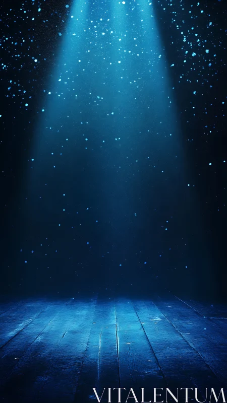 Blue spotlight over dark wooden stage with dust motes.