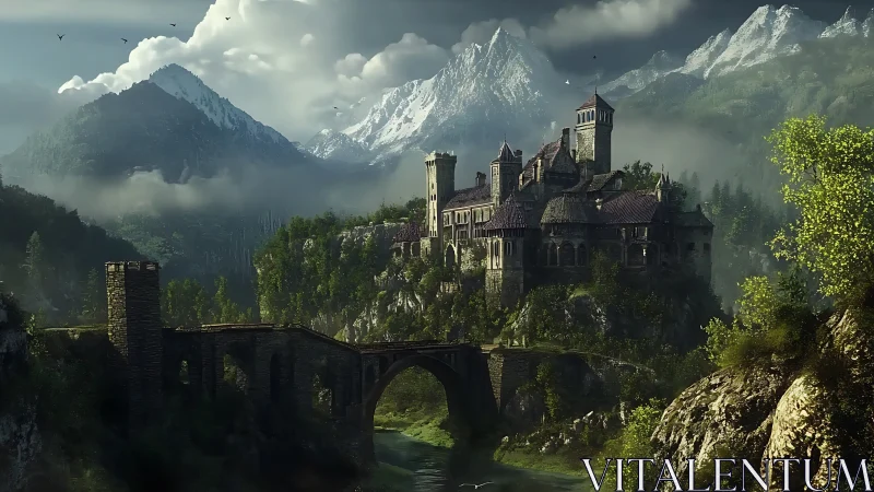 Stone fortress on forested cliff beneath alpine peaks.