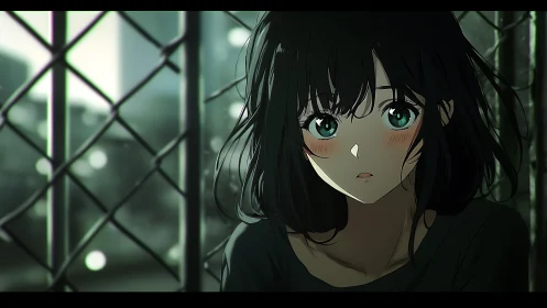 Melancholic girl portrait by chain-link fence at dusk.