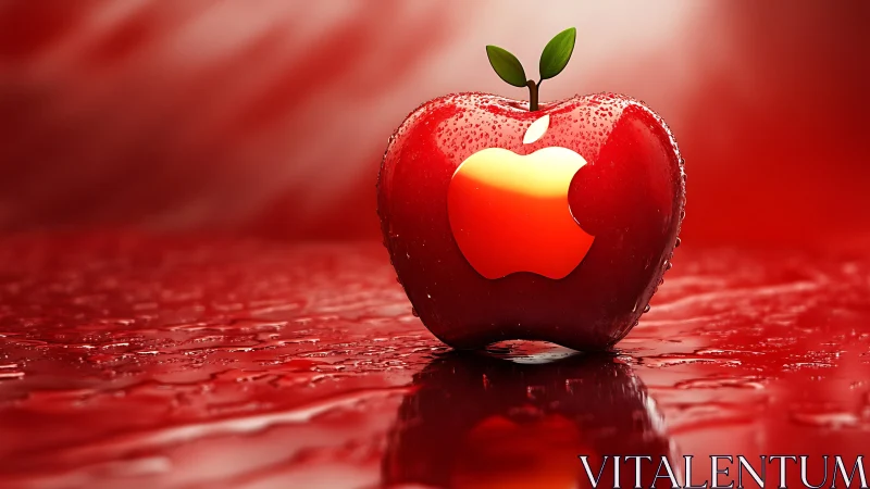 Glossy red apple emblem with luminous cutout and droplets