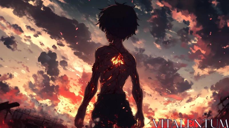 Burning-hearted silhouette confronts a storm-lit horizon.