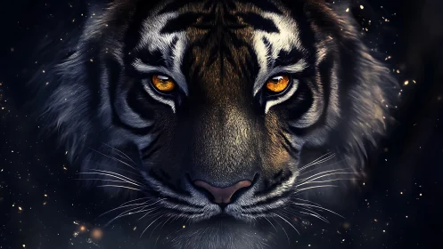 Digital tiger portrait with luminous amber eyes at night.