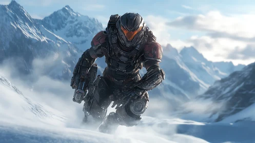 Armored exosuit trooper advances through volumetric alpine snowfield