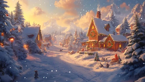Snowy holiday village glows with warm golden evening lights
