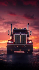 Red long haul semi truck stands against vivid sunset sky