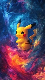 Pikachu stands in swirling neon cosmic energy cloud.