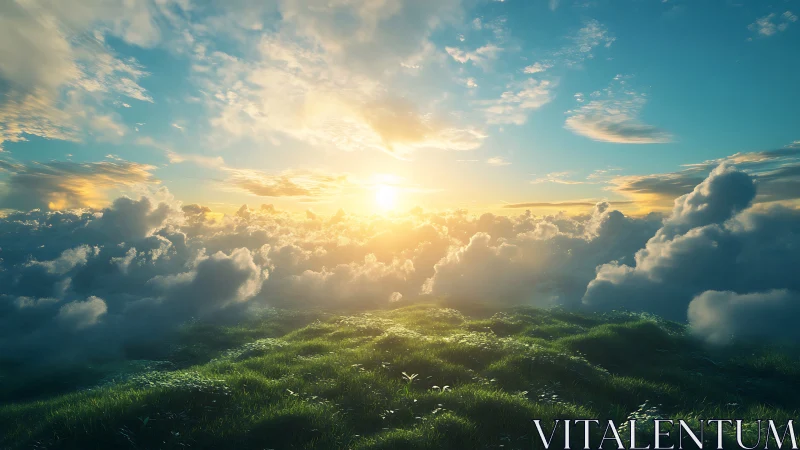 Sunlit grassy plateau above cloud layer under open sky.