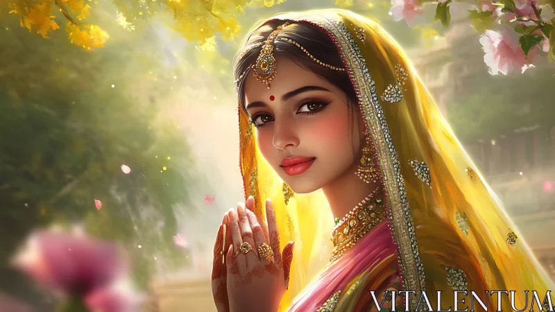 Digital portrait shows woman in ornate yellow veil outdoors