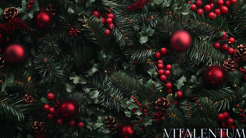 Christmas foliage arrangement shows ornaments and berries