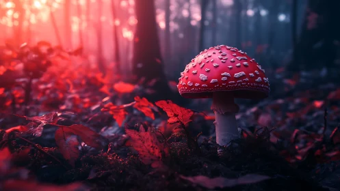 Enchanted red mushroom glows in a misty twilight forest.