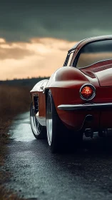 Low-angle study of vintage red coupe on wet rural road